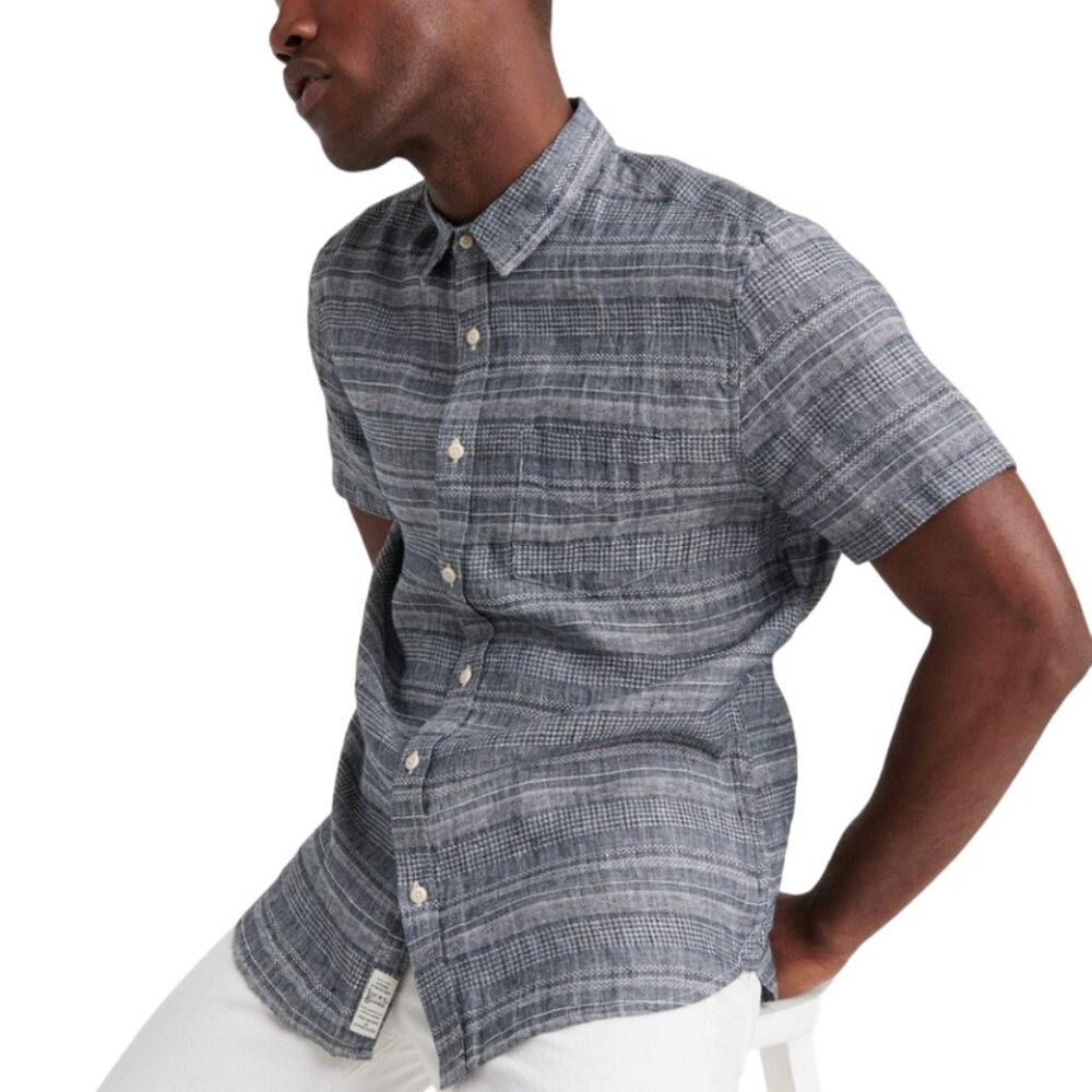 Lucky Brand Men’s Shirt Button Down Black White Woven Linen Size XL Slim